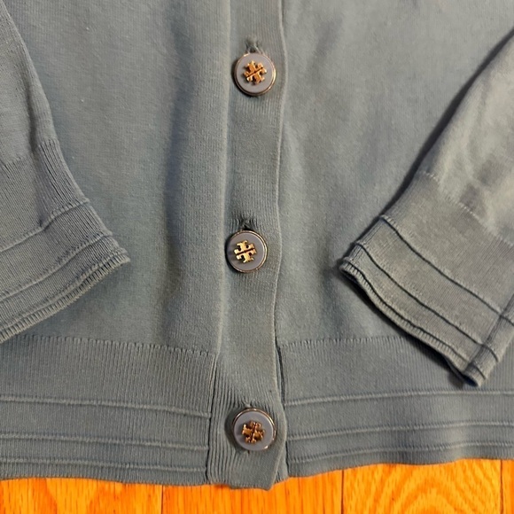 Tory Burch Color Block Solid Light Blue Cardigan Sweater Logo Buttons Sz XS - Picture 4 of 9